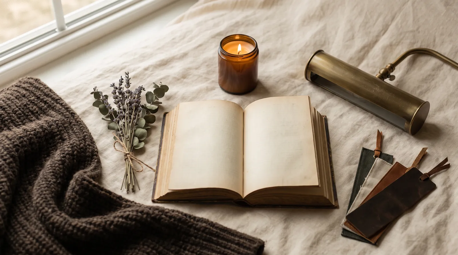 Gemütliche Leseecke mit Buch, Kerze und Lesezubehör