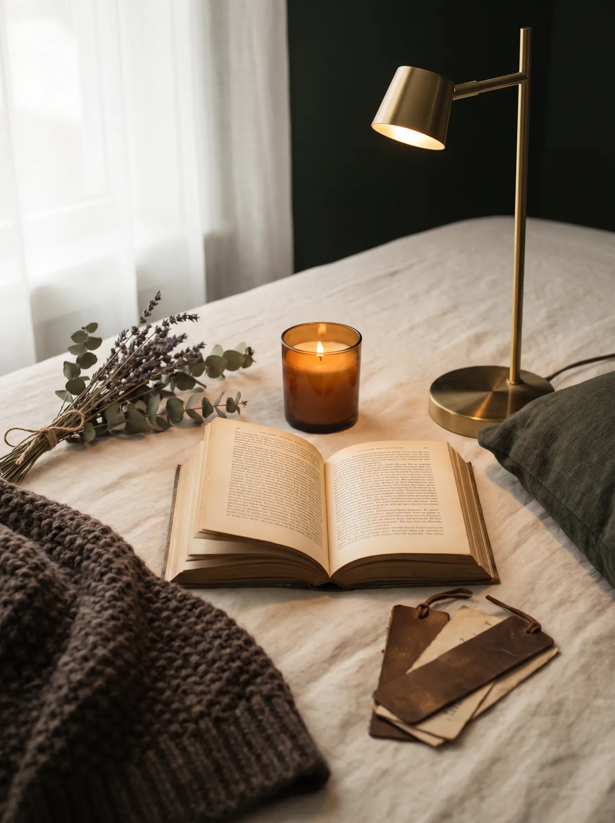 Gemütliche Leseecke mit Buch, Kerze und Lesezubehör